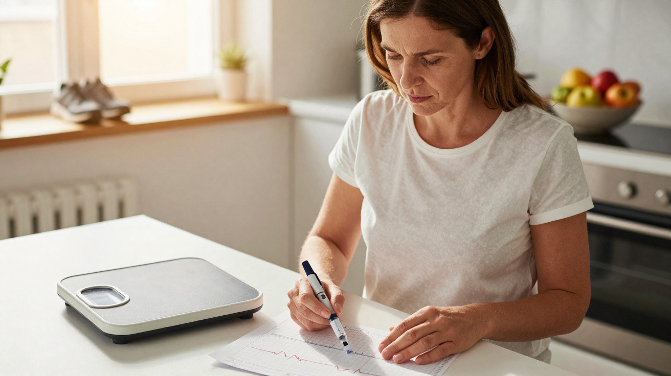 Frau sitzt am Tisch, zeichnet auf Papier vor einer digitalen Waage in hellem, modernem Raum.