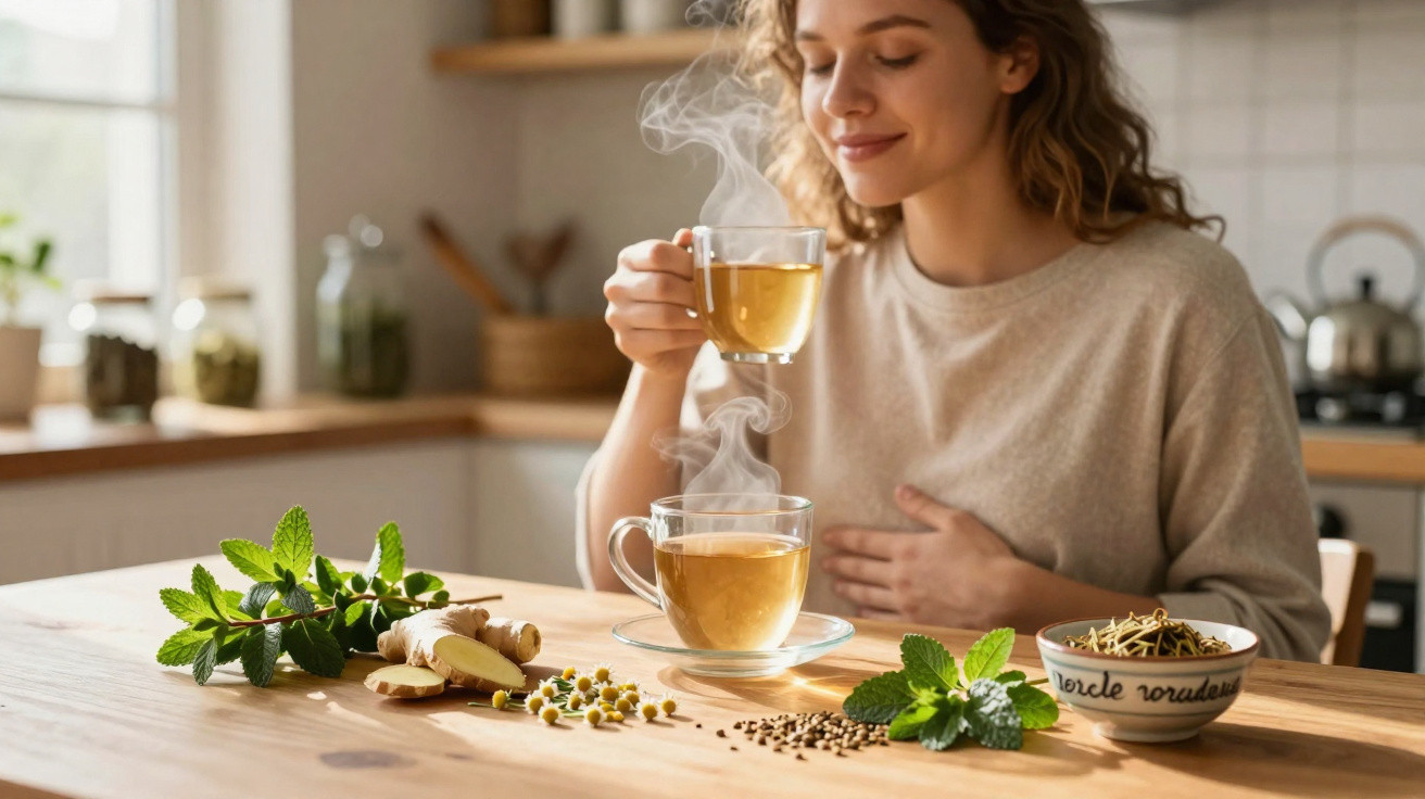 Frau genießt dampfenden Kräutertee in heller Küche, umgeben von frischer Minze, Ingwer und Gewürzen auf Holztisch.