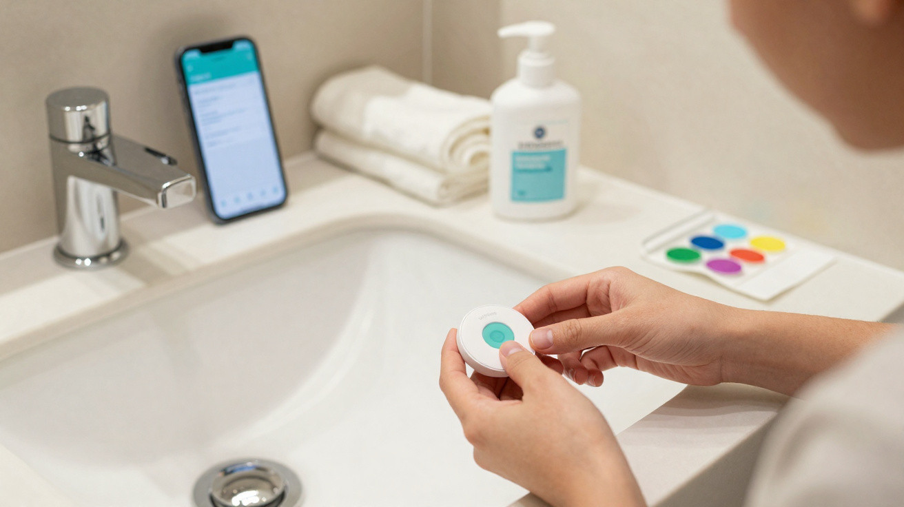 Person hält ein medizinisches Messgerät über Waschbecken, Smartphone und Desinfektionsmittel im Hintergrund sichtbar