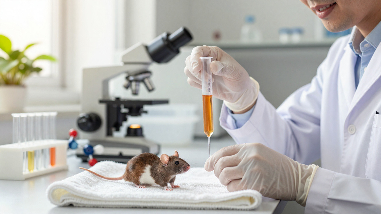Labormaus auf Handtuch, Wissenschaftler hält Pipette mit orangefarbener Flüssigkeit im Labor.