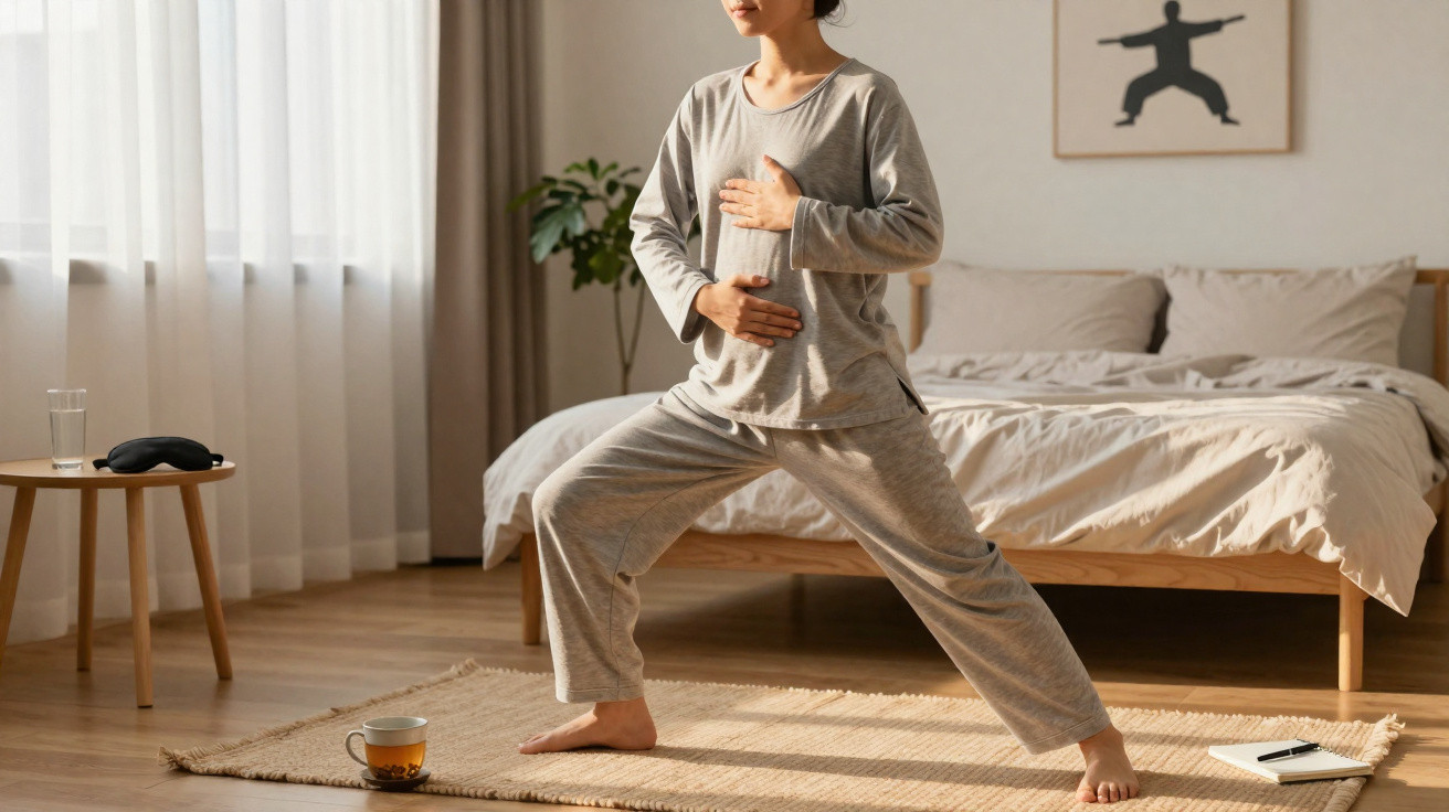 Frau in Hauskleidung macht Yoga im Schlafzimmer auf Teppich vor Bett und mit Pflanzen im Hintergrund.