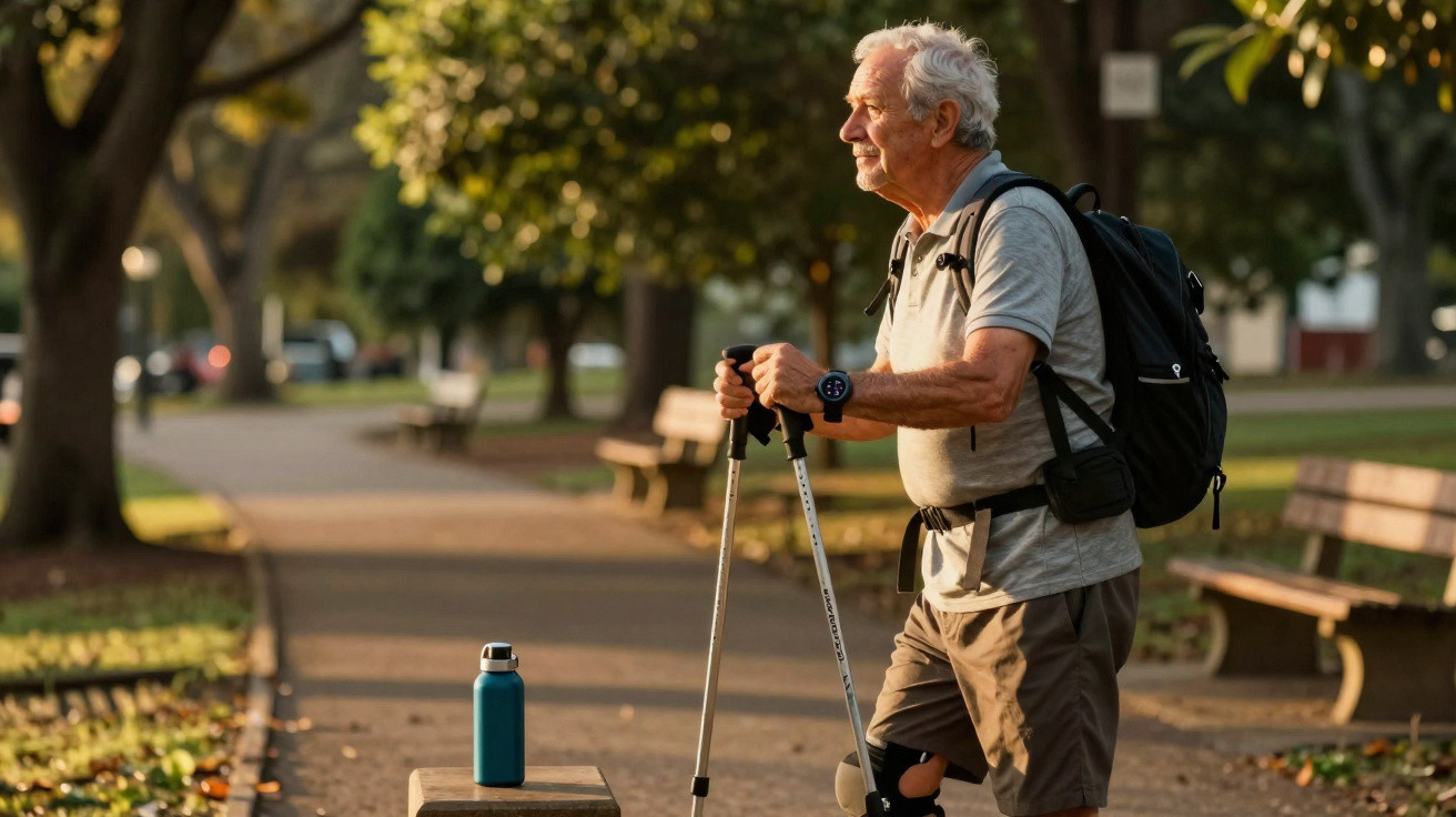 Älterer Mann mit Rucksack und Knieschiene beim Nordic Walking im Park bei Sonnenuntergang.