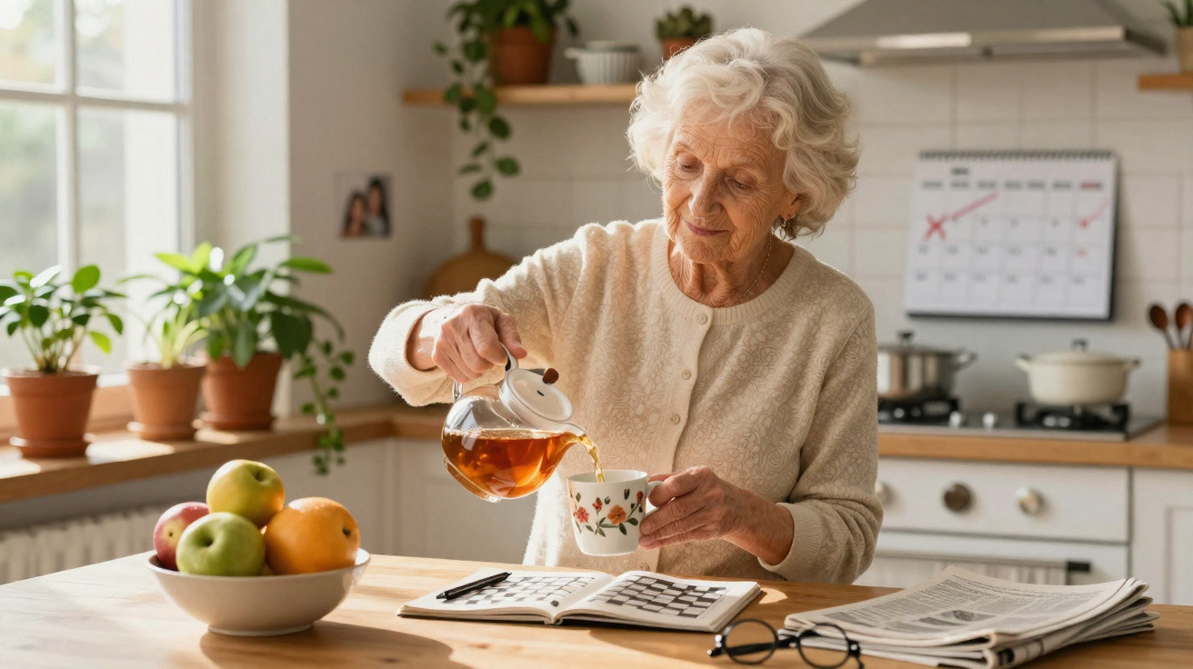 Ältere Frau gießt Tee in eine Tasse in der Küche, auf dem Tisch liegen Obst, Zeitung und Kreuzworträtsel.