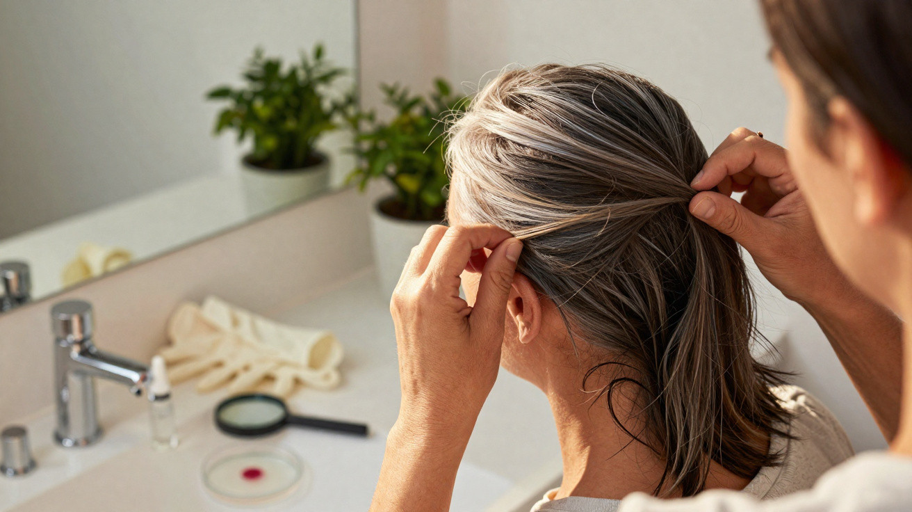 Frau betrachtet graue Haare im Spiegel und zeigt sie mit den Händen in einem Badezimmer mit Pflanze.