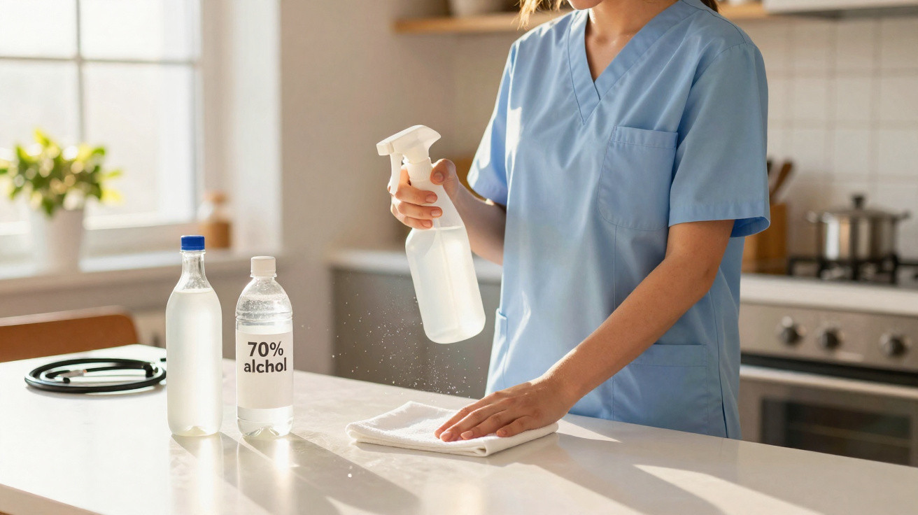Person in medizinischer Kleidung desinfiziert Küchenarbeitsplatte mit Sprayflasche und Tuch.
