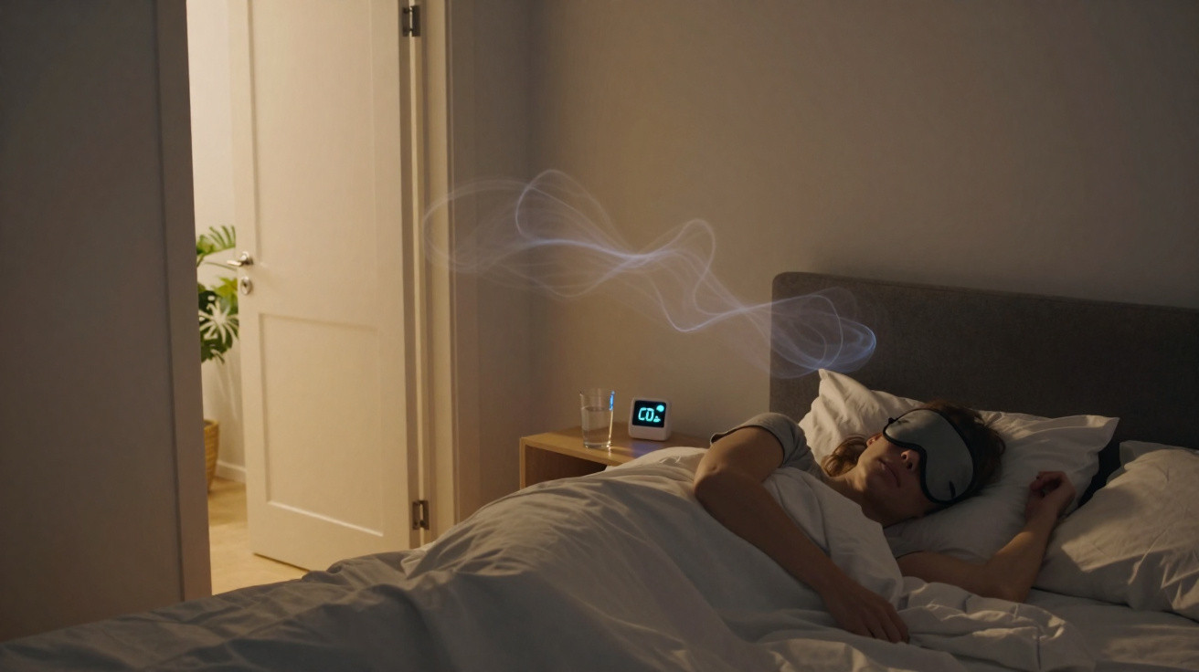 Frau mit Schlafmaske liegt im Bett, CO2-Messgerät zeigt Luftqualität, Rauchwolke im Schlafzimmer sichtbar.