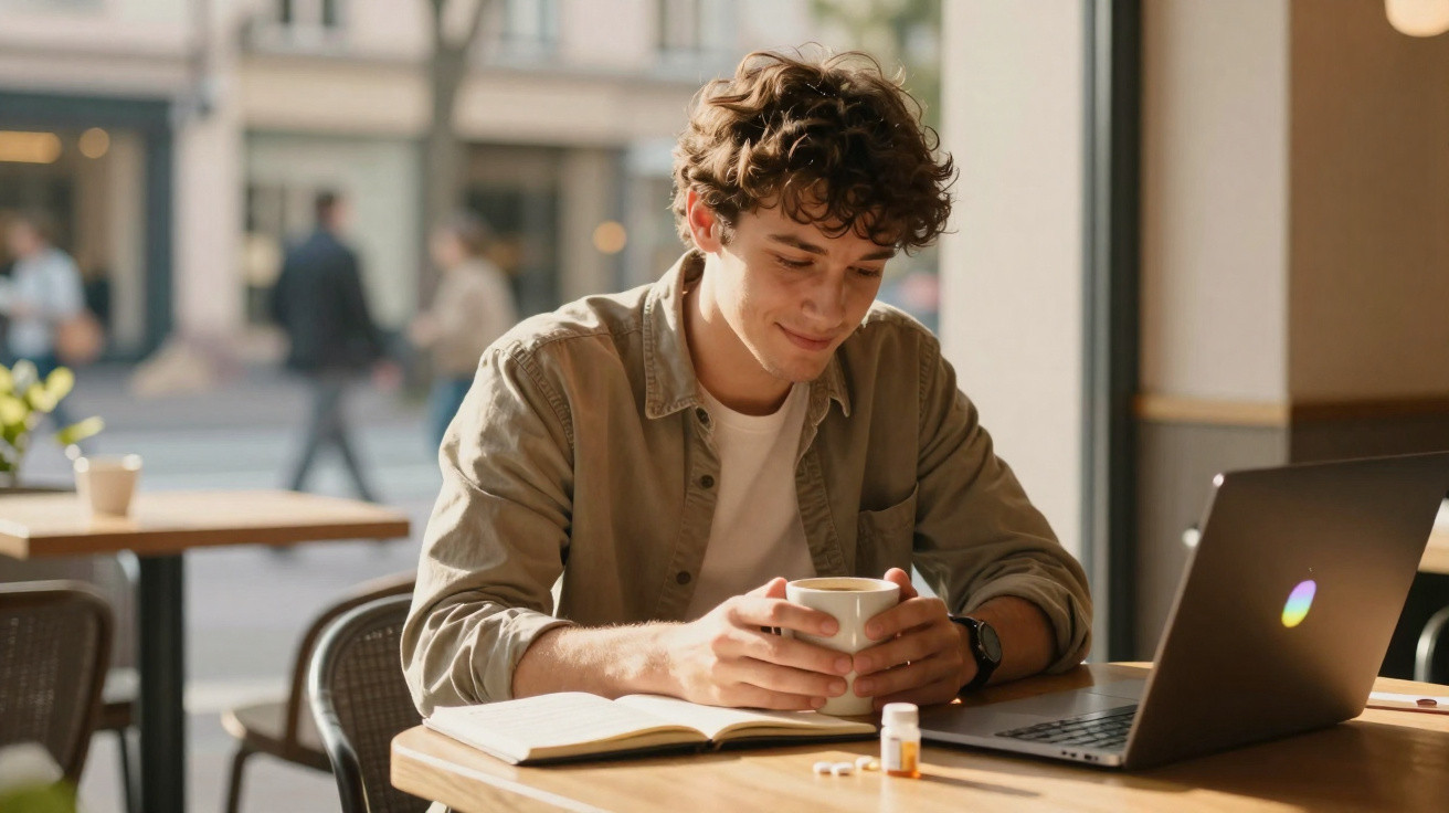 Junger Mann sitzt im Café mit Tasse, geöffnetem Buch, Pillen und Laptop auf dem Tisch.