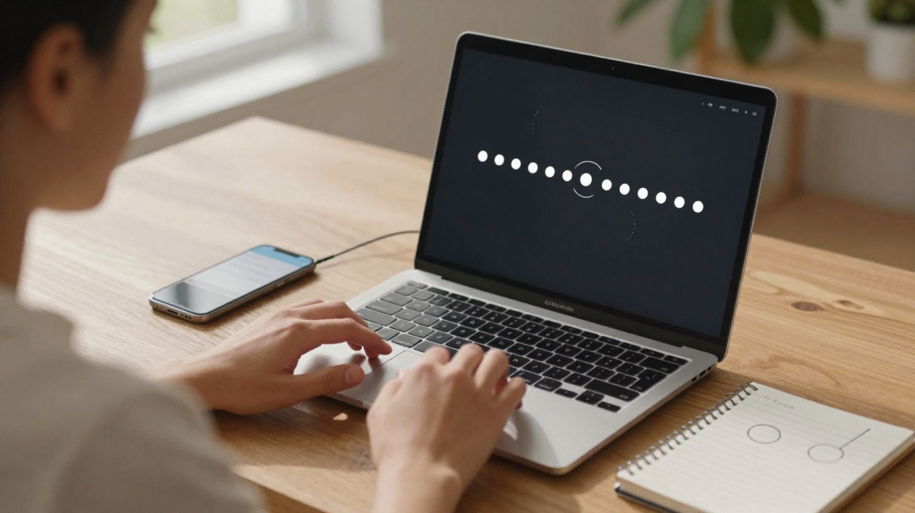 Person tippt auf Laptop mit kreisförmiger Ladeanzeige, daneben Smartphone und Notizblock auf Holztisch