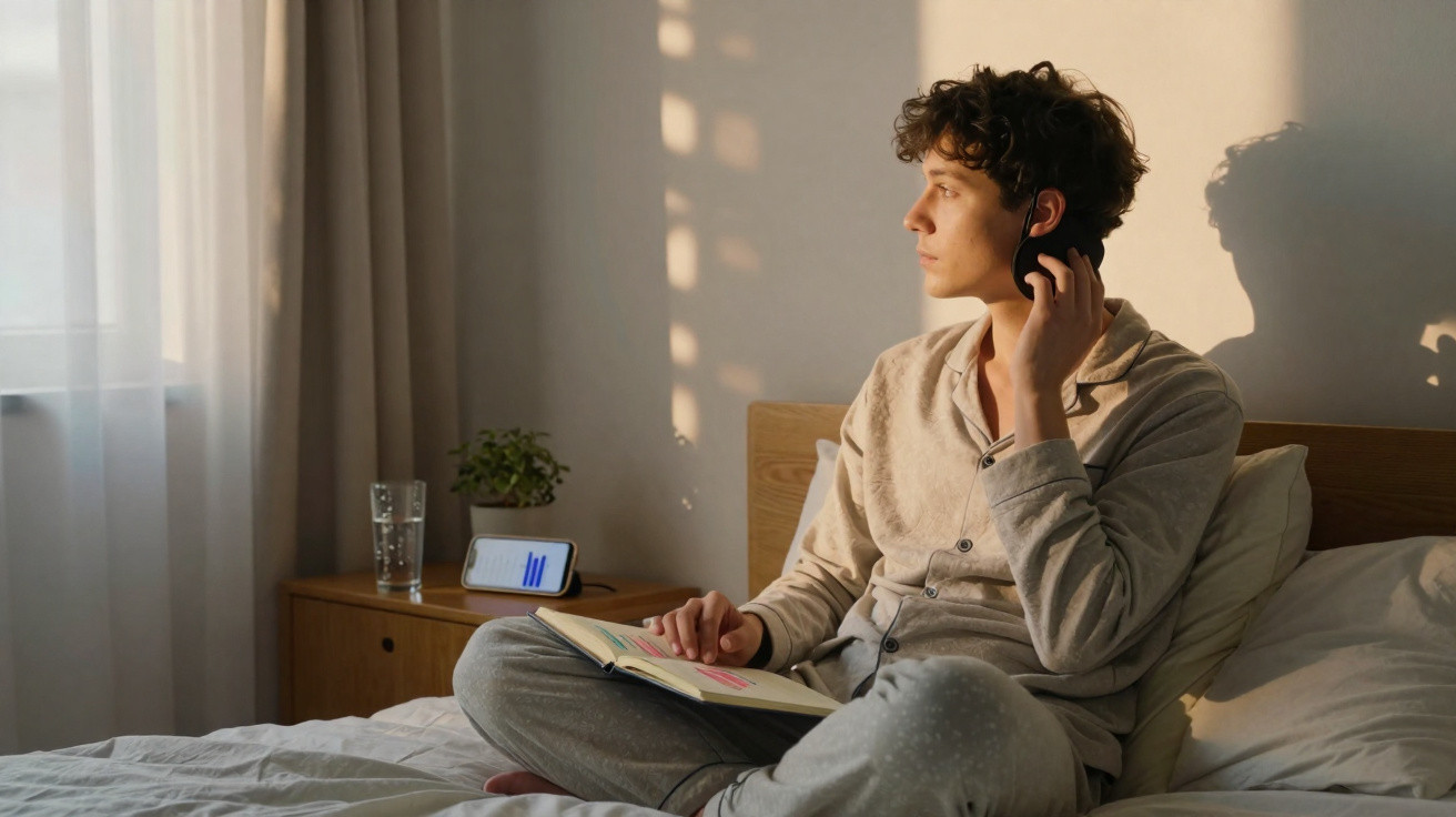 Junger Mann sitzt im Bett mit Notebook und Kopfhörern, schaut nachdenklich aus dem Fenster.