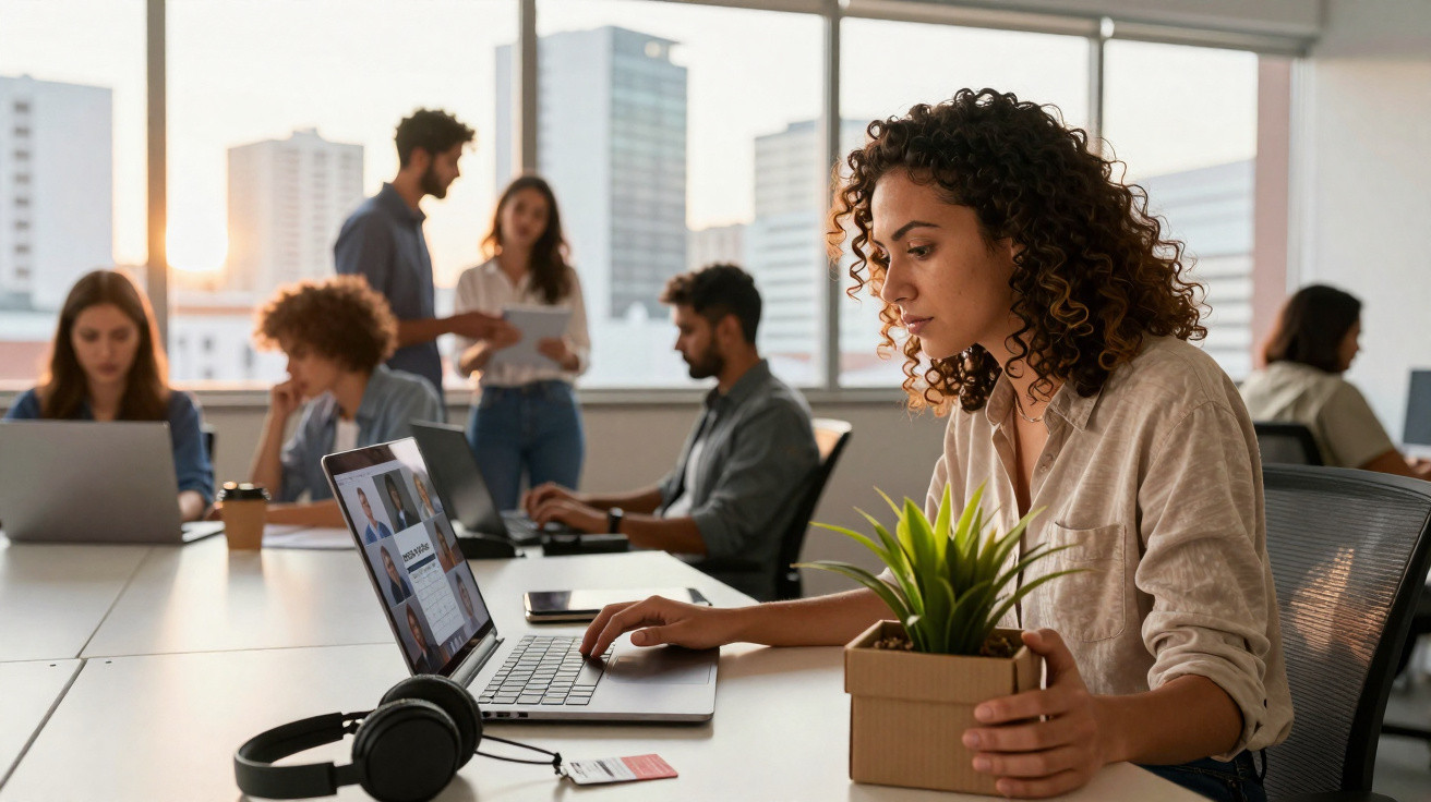 Frau am Schreibtisch mit Laptop und Pflanze, im Hintergrund arbeiten Kollegen gemeinsam in modernem Büro.