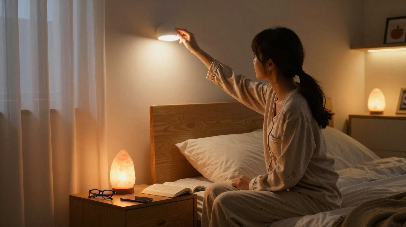 Frau im Pyjama sitzt im Bett und schaltet eine Wandlampe im Schlafzimmer aus.