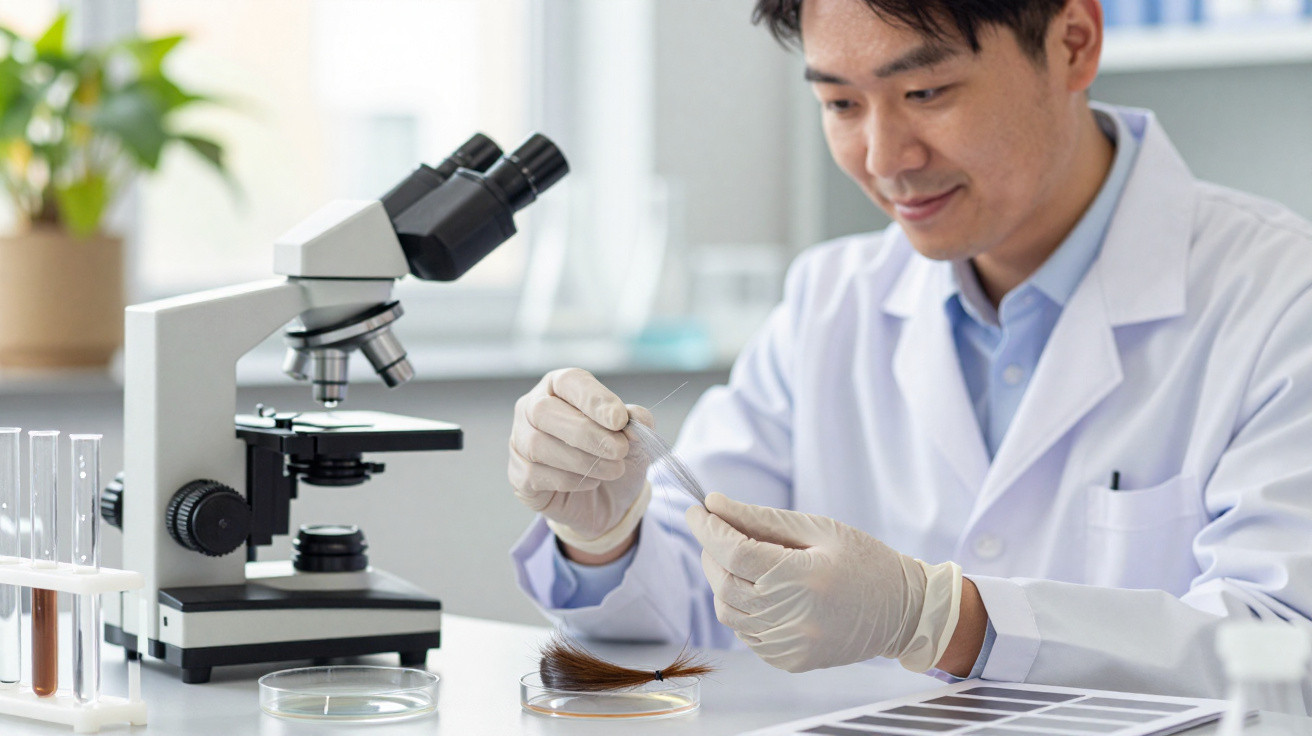 Wissenschaftler im Labor untersucht Haarprobe mit Pinzette, neben Mikroskop und Reagenzgläsern.