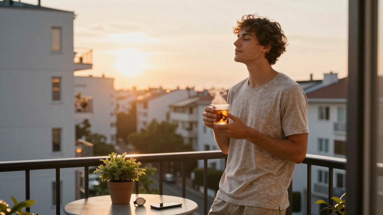 Junger Mann entspannt auf Balkon bei Sonnenuntergang und hält dampfende Tasse Tee in der Hand.
