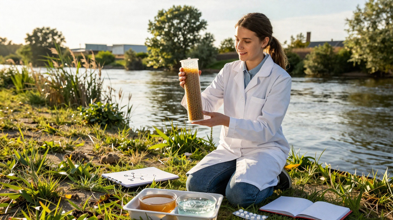 Frau im weißen Kittel untersucht Wasserprobe an Flussufer bei sonnigem Wetter, mit Laborutensilien auf Boden.