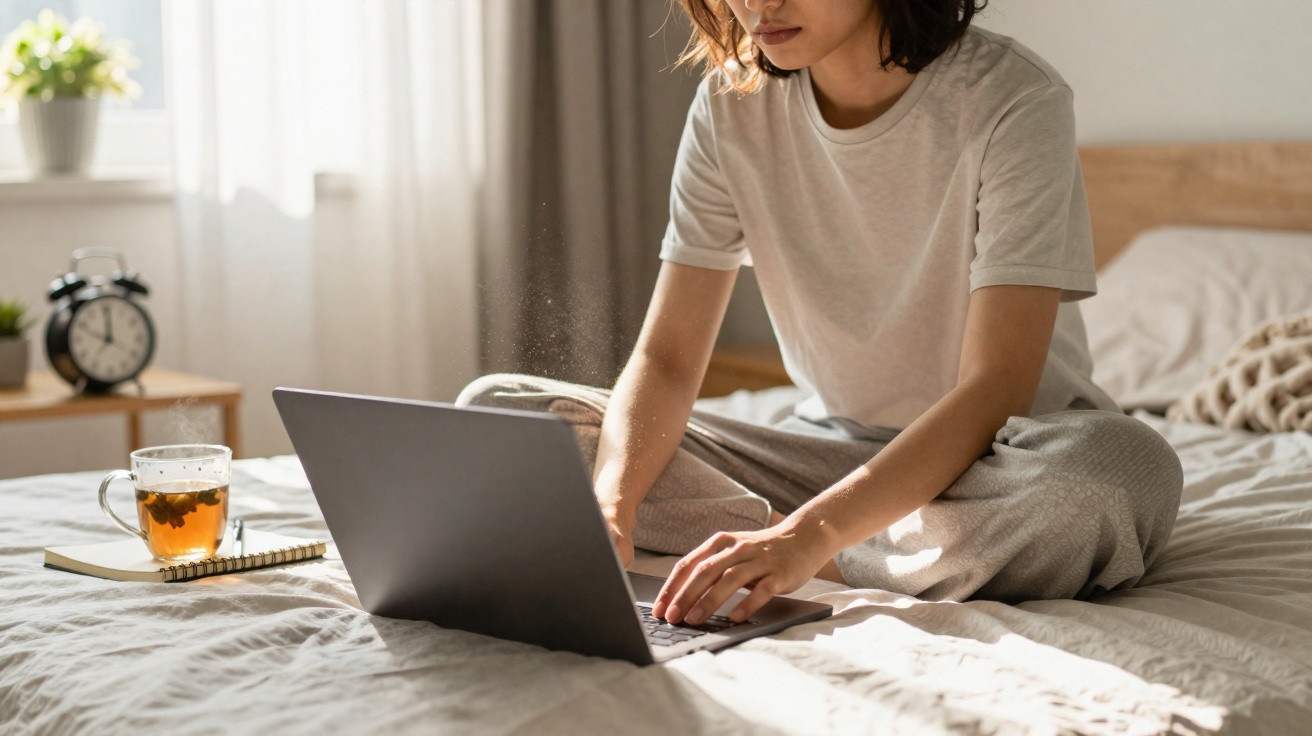 Frau sitzt im Schlafanzug auf dem Bett und arbeitet mit Laptop, neben ihr Tee, Notebook und Wecker.