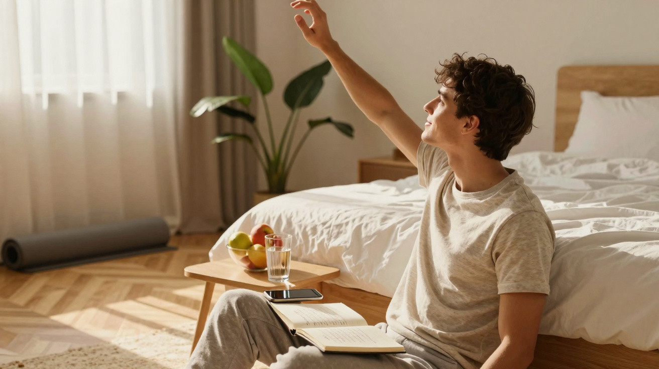 Junger Mann sitzt auf dem Boden im Schlafzimmer, liest Buch und streckt entspannend die Hand zur Sonne aus.