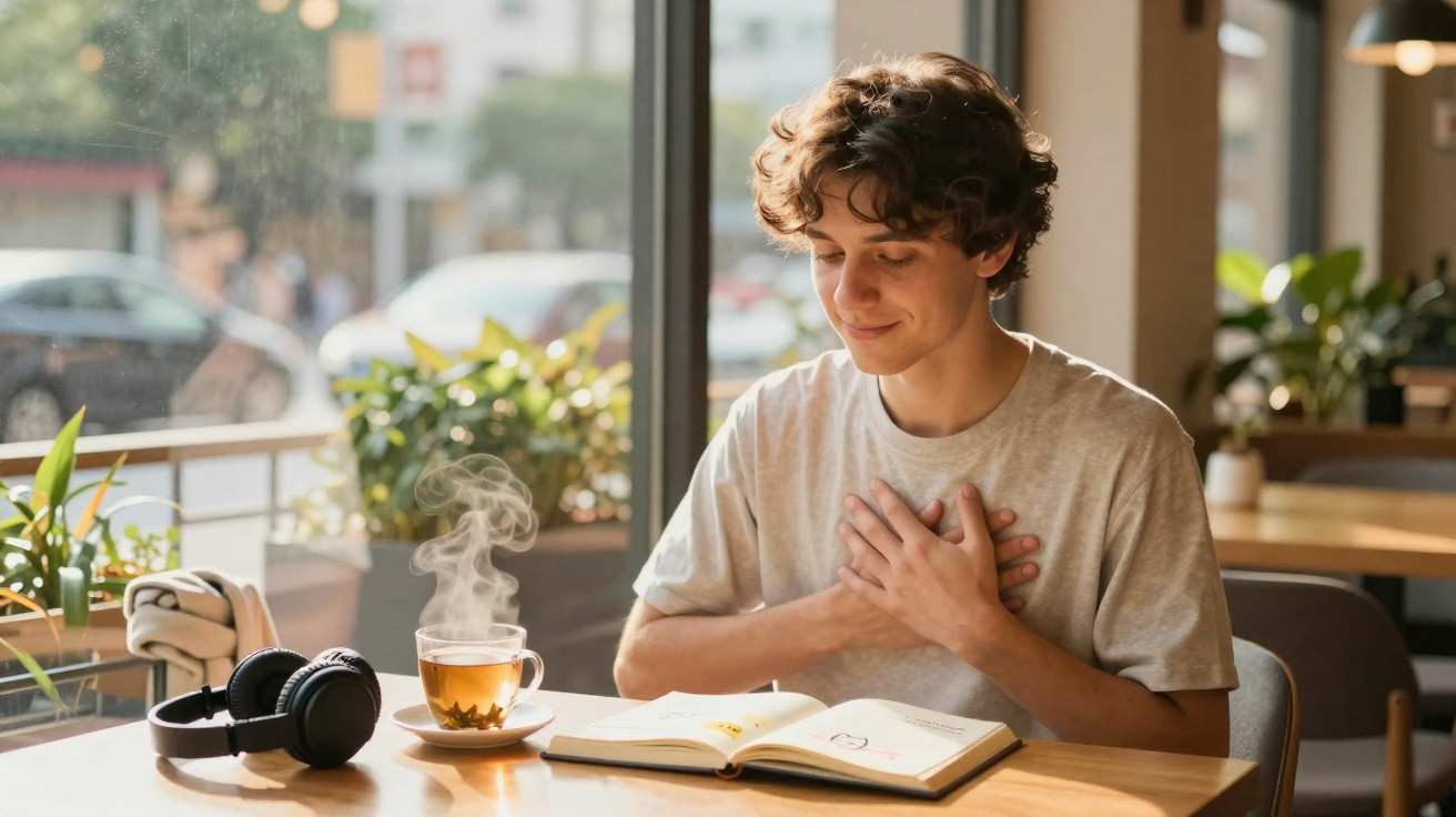 Junger Mann sitzt im Café, liest im Buch und legt die Hände dankbar aufs Herz, dampfender Tee daneben.