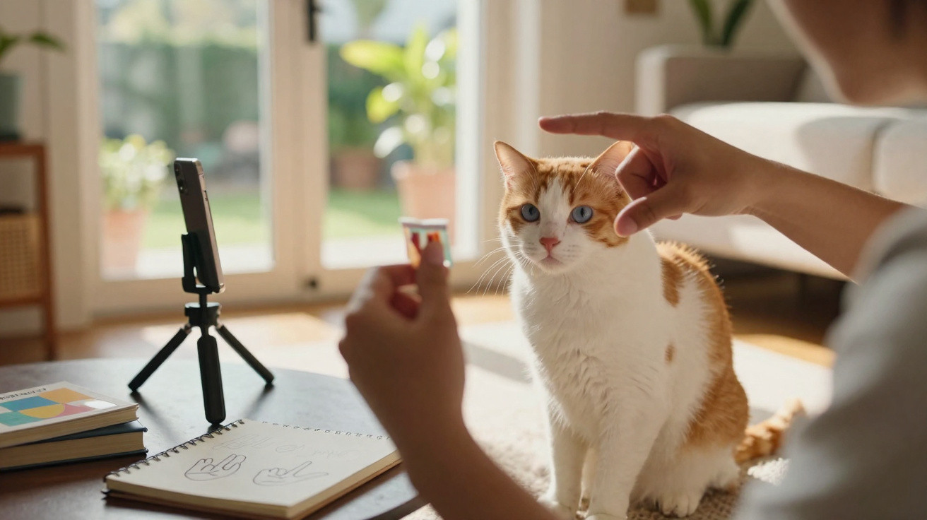 Zimmer mit Katze und einer Person, die mit den Fingern vor der Kamera posiert, Smartphone auf Stativ auf Tisch.