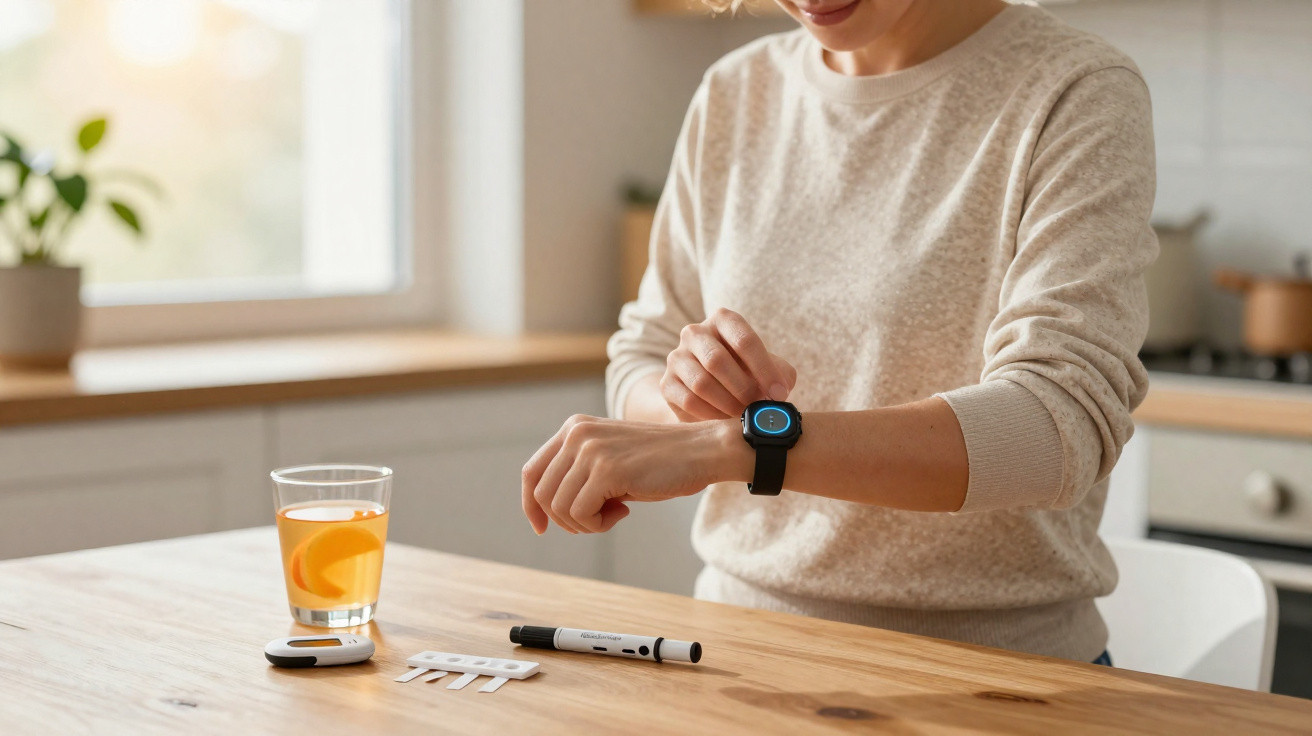 Frau misst Blutzucker mit Smartwatch, Blutzuckermessgerät und Teststreifen auf Holztisch in heller Küche.