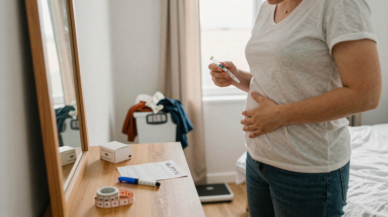 Frau hält Schwangerschaftstest und berührt ihren Bauch in einem hellen Schlafzimmer neben einem Schminktisch.
