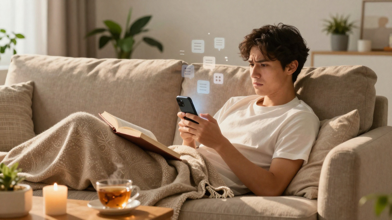 Junger Mann mit Buch auf dem Sofa, umgeben von Decke, Kerze und Tee, konzentriert aufs Smartphone schauend.