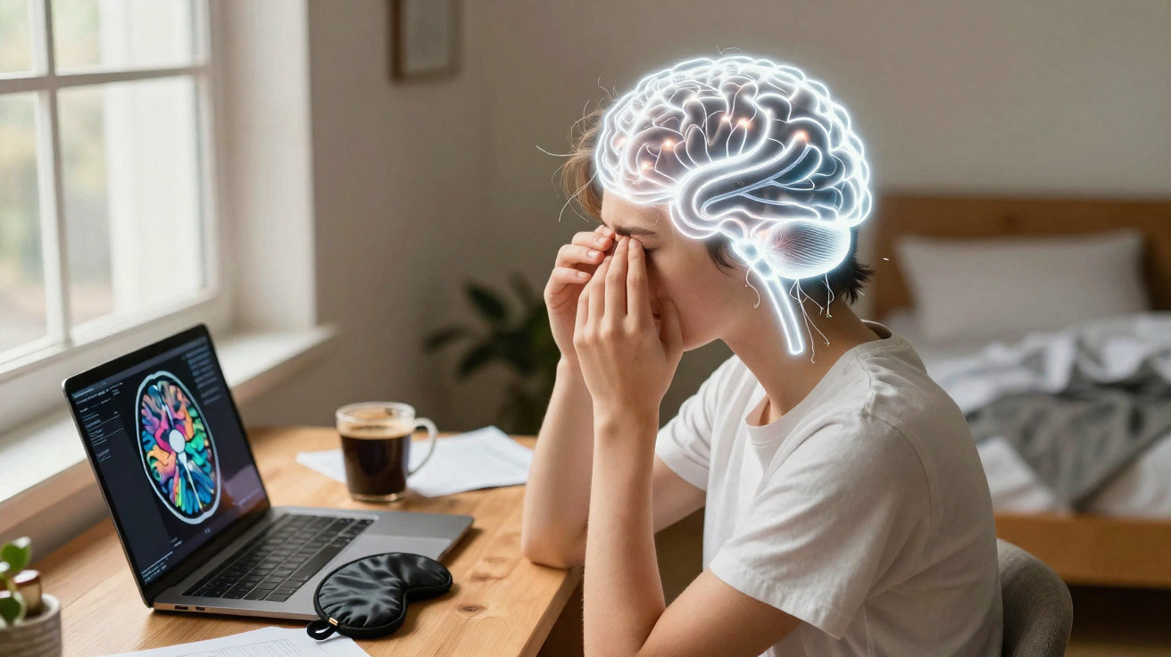 Frau am Schreibtisch mit digitaler Gehirnillustration und Laptop, die Kopfschmerzen hat.