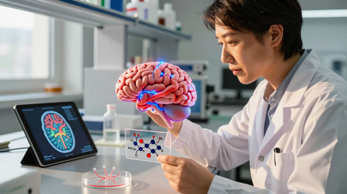 Wissenschaftlerin im Labor untersucht 3D-Hirnmodell und chemische Strukturformel mit Tablet und Petrischale.