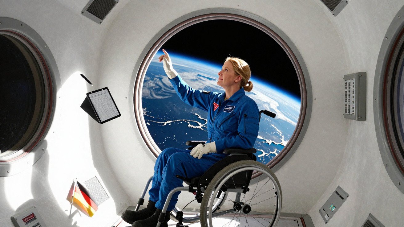 Astronautin im Rollstuhl blickt durch ein rundes Raumstationsfenster auf die Erde aus dem All.