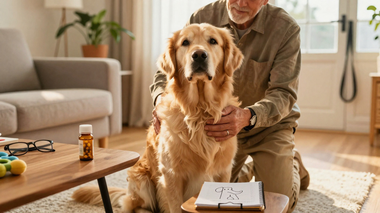 Älterer Mann kniet neben Golden Retriever im Wohnzimmer, Zeichnung des Hundes auf Notizblock auf Tisch.
