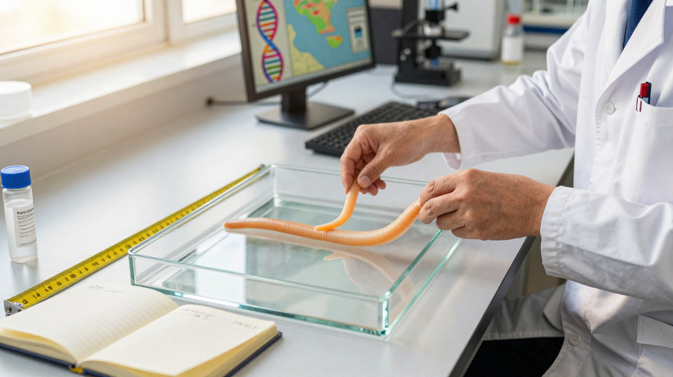 Wissenschaftler untersucht einen Regenwurm in einem Glasbehälter im Labor mit Mikroskop und Computermonitor.