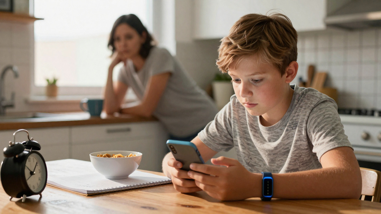 Junge sitzt am Küchentisch und schaut konzentriert auf sein Smartphone, Frau im Hintergrund am Fenster.