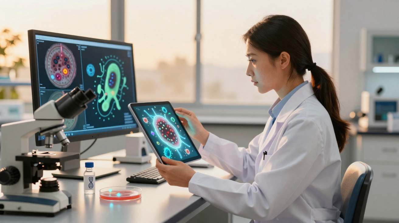 Wissenschaftlerin im Labor analysiert digitale Darstellungen von Zellen auf Tablet und Monitor.