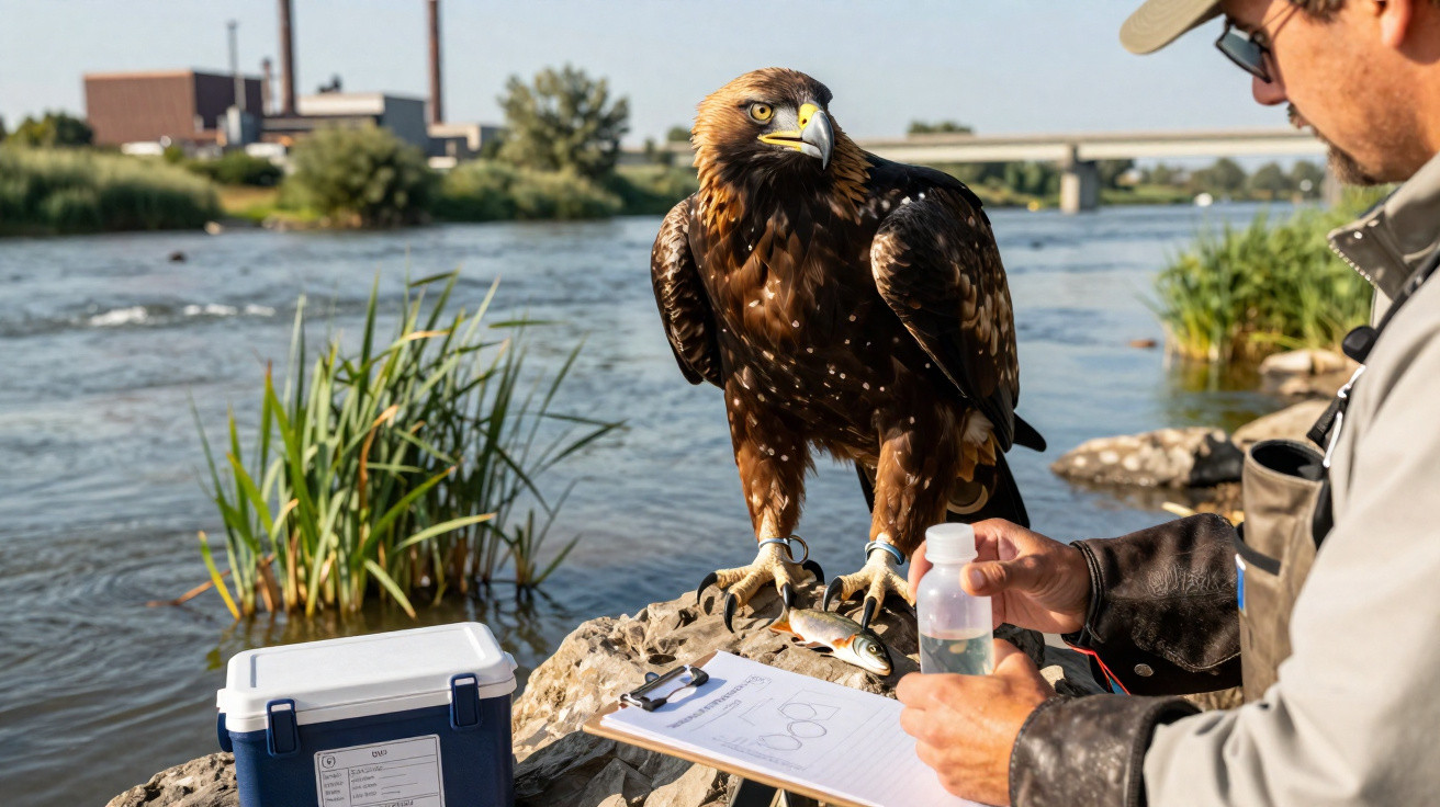 Ein Seeadler auf einem Stein am Flussufer neben einem Mann mit Klemmbrett und Wasserflasche.