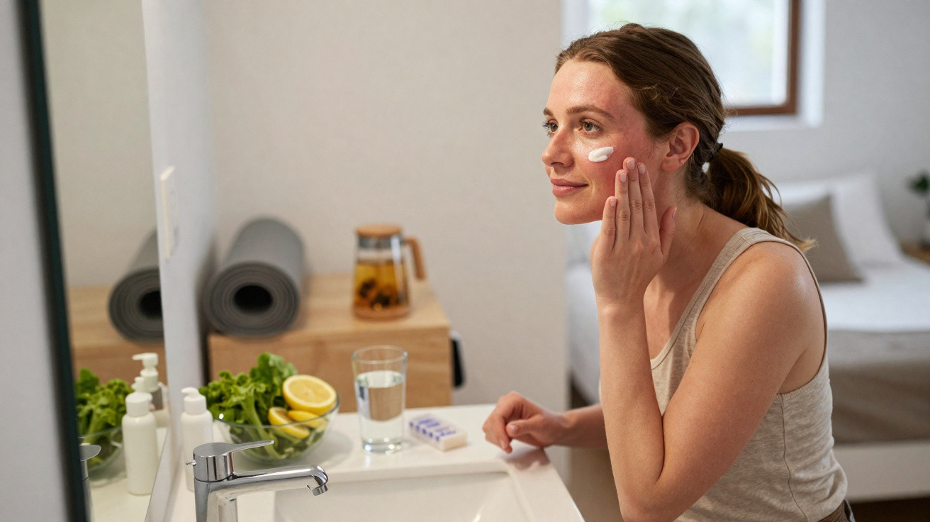 Frau trägt Gesichtscreme auf, steht vor Waschtisch mit Obst, Wasser und Kosmetik in hellem Badezimmer.