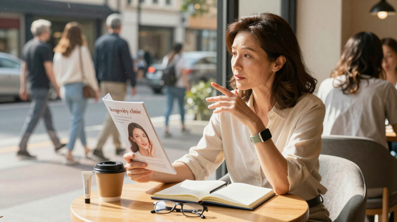 Frau liest Magazin im Café, blickt nach außen, Tisch mit Kaffee, Brille und Notizbuch vor ihr.