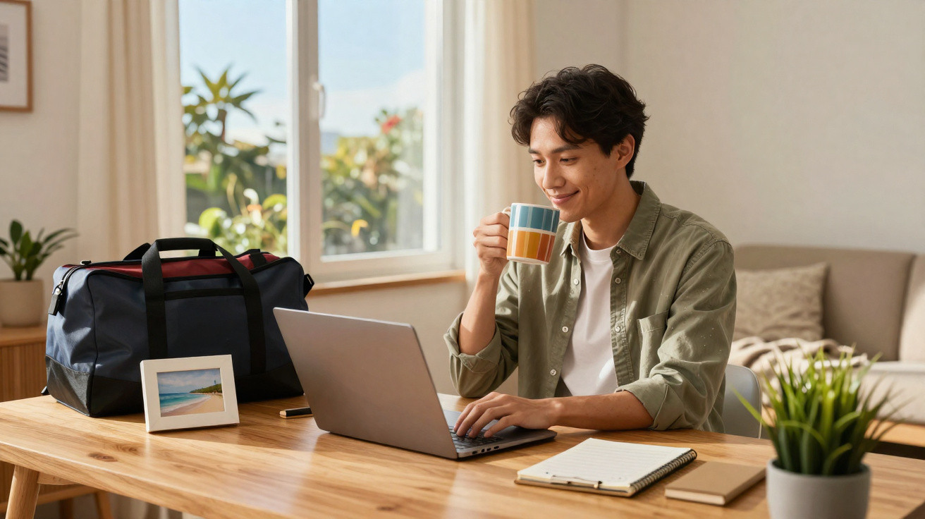 Junger Mann trinkt Kaffee und arbeitet am Laptop an einem hellen Holztisch im Wohnzimmer.