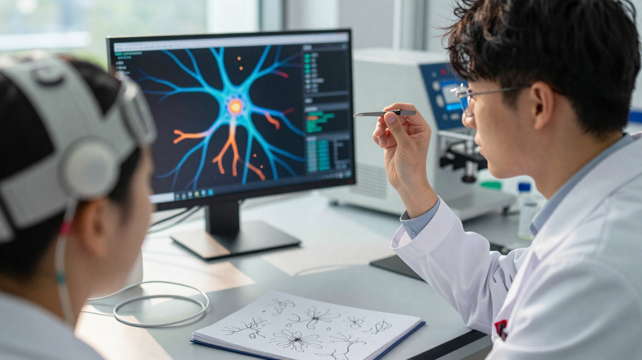 Wissenschaftler erklärt neuronale Verbindungen auf Bildschirm, Patient mit EEG-Haube im Labor sitzend.