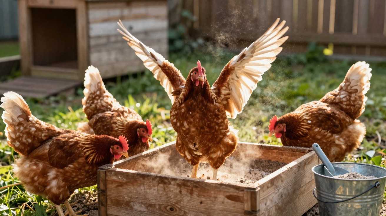 Vier braune Hühner picken und scharren in einem hölzernen Sandkasten im Freien bei Sonne.