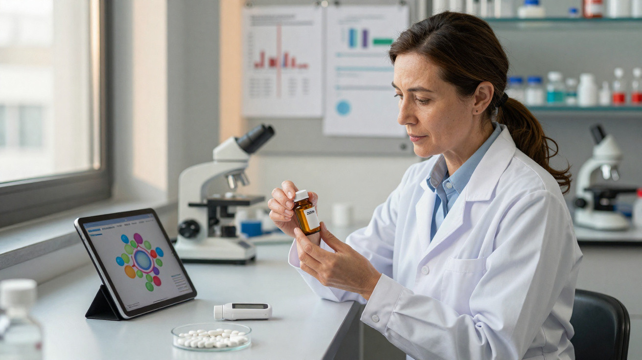 Wissenschaftlerin im Labor untersucht Medikamentenflasche, Tablet mit Diagramm und Mikroskope im Hintergrund.