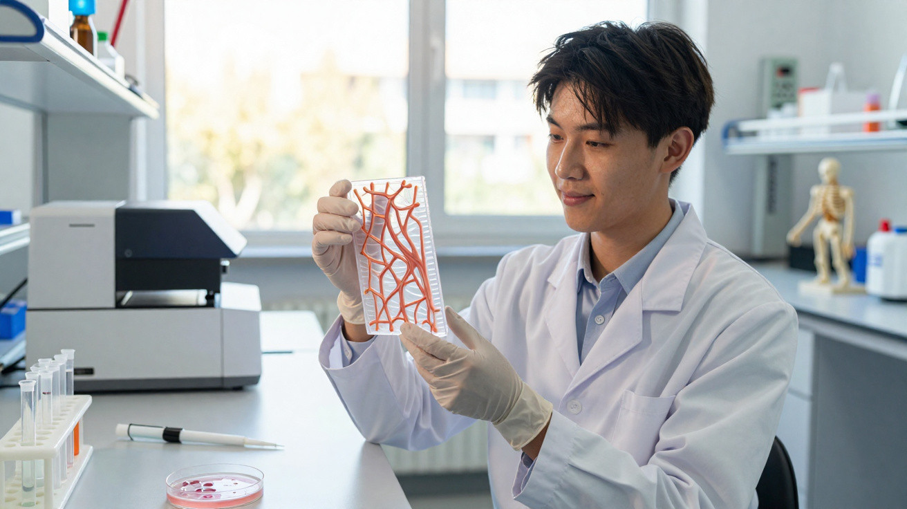 Junger Wissenschaftler im Labor untersucht 3D-Modell von Blutgefäßen mit Handschuhen und Laborkittel.