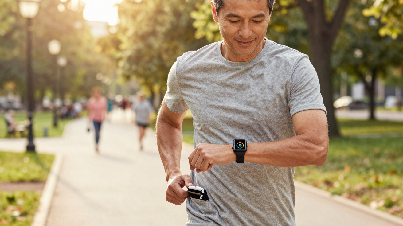 Mann joggt im Park und schaut auf seine Smartwatch zur Aktivitätsmessung bei sonnigem Wetter.