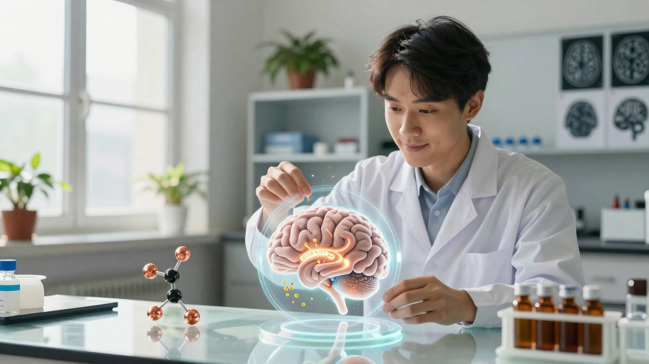 Wissenschaftler im Labor untersucht virtuelles 3D-Modell des menschlichen Gehirns am Schreibtisch.