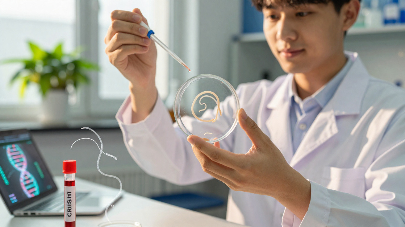 Wissenschaftler untersucht mit Pipette eine Petrischale mit Larven im Labor vor Laptop mit DNA-Grafik.