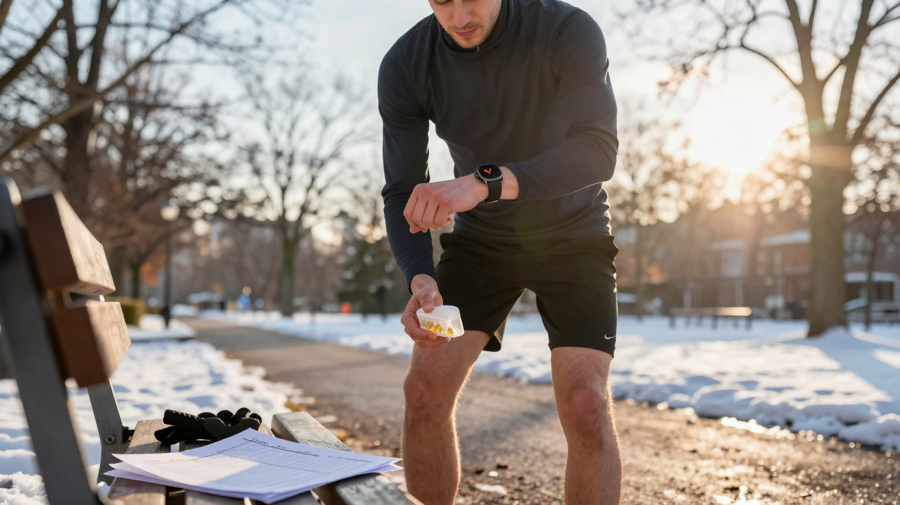 Sportler in Sportkleidung nimmt Nahrungsergänzungsmittel im Park, Schnee und Sonnenschein im Hintergrund.
