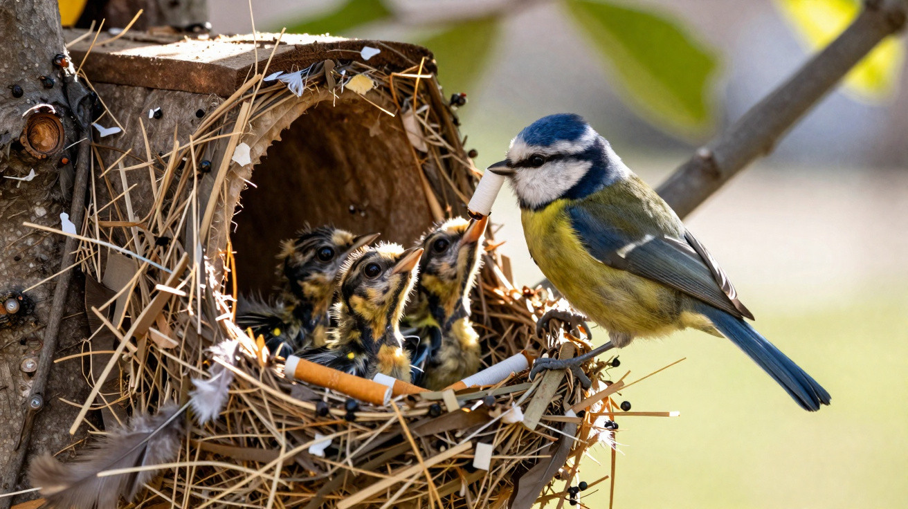 Blaumeise füttert Jungvögel in einem Nest aus Gras und Stroh in einem Baum.
