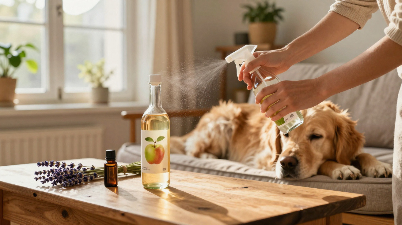 Person sprüht natürliches Spray auf einem Holztisch, Hund liegt entspannt auf dem Sofa im Hintergrund.