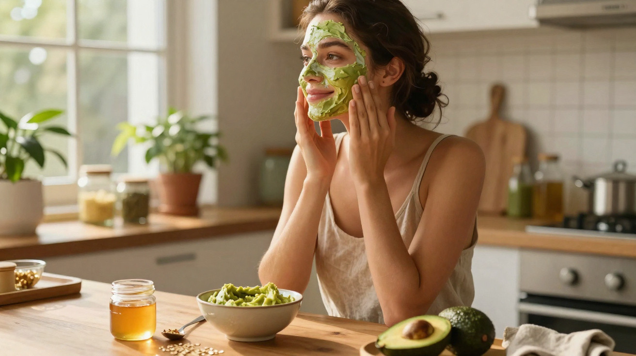 Frau trägt Gesichtsmaske aus Avocado im hellen Küchenraum mit Avocados und Honig auf dem Tisch.