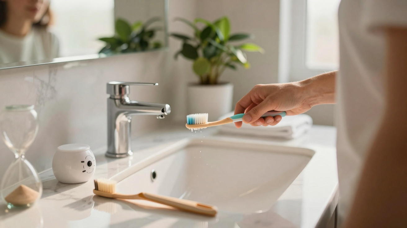Hand hält eine Zahnbürste über ein Waschbecken in einem hellen Badezimmer mit Pflanzen und Spiegel.