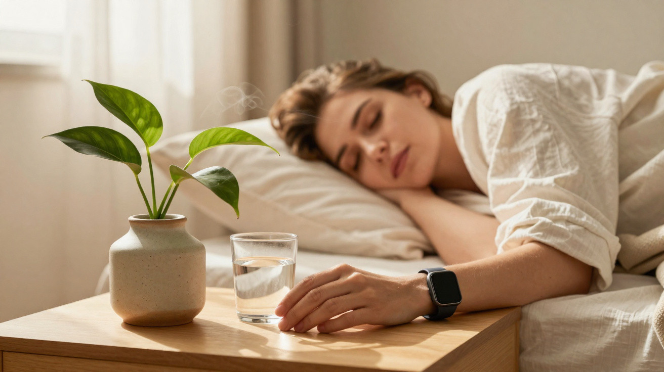 Frau schläft im Bett, Hand berührt Glas Wasser auf Nachttisch mit grüner Pflanze und Fensterlicht.