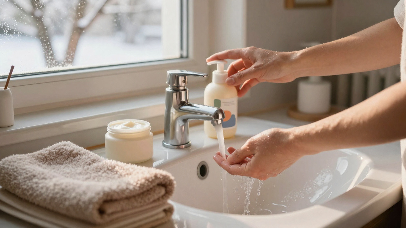 Person wäscht Hände mit Seife an Waschbecken, Handtücher und Pflegecreme neben Fenster im Bad